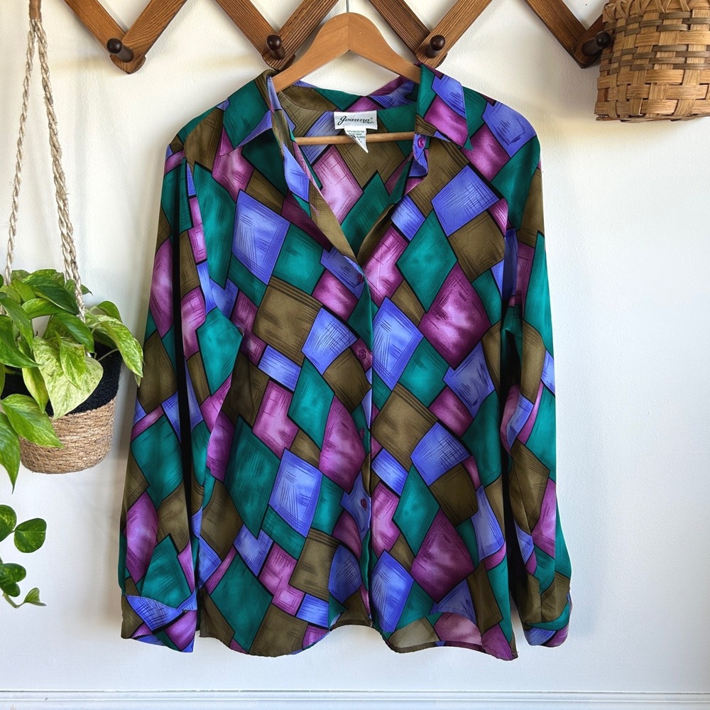 Vintage Joanna Geometric Diamond Print Button Down Blouse Teal Purple Medium